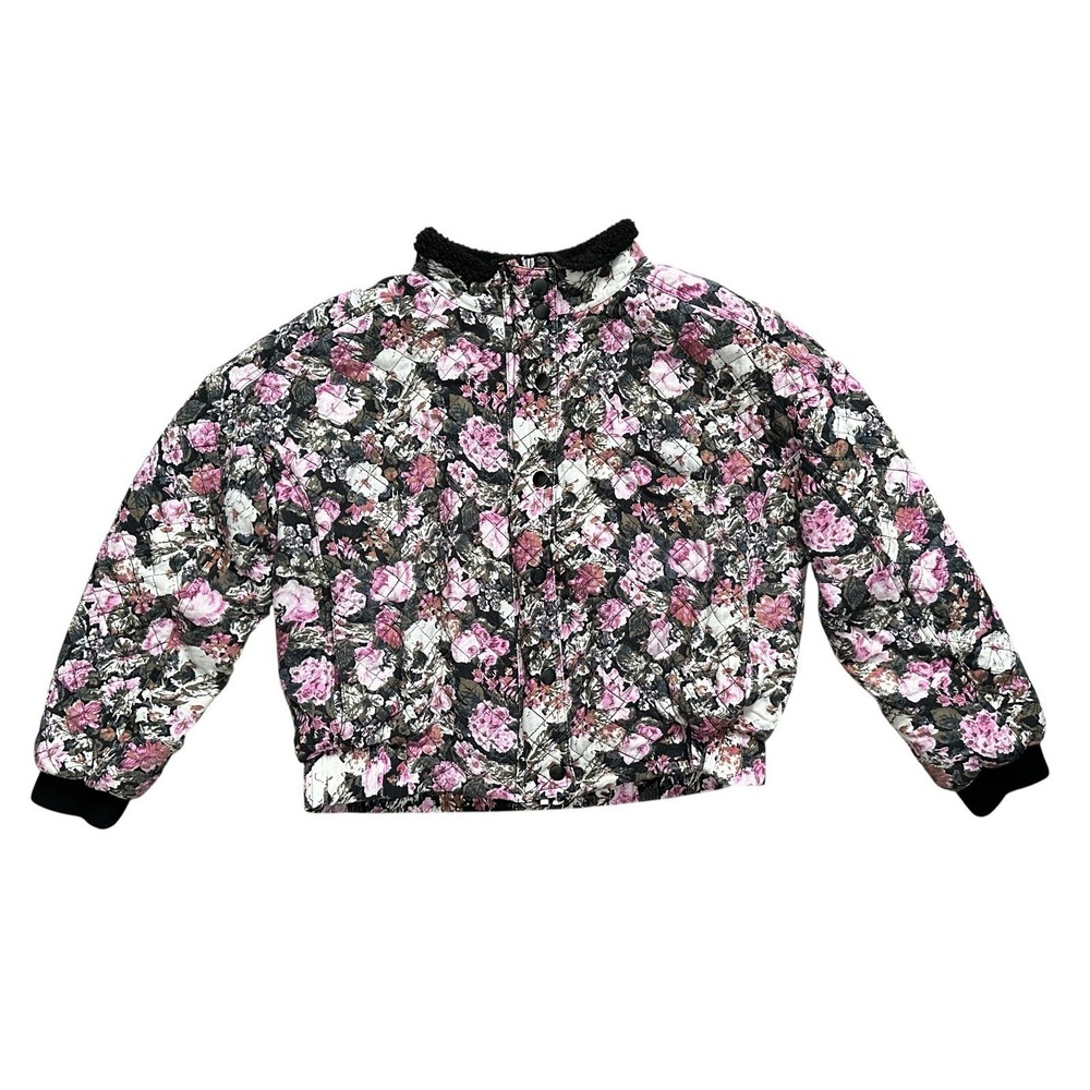 Saltwater Luxe Quilted Floral Bomber Jacket Pink Black Snap Front Puffer Coat‎ S